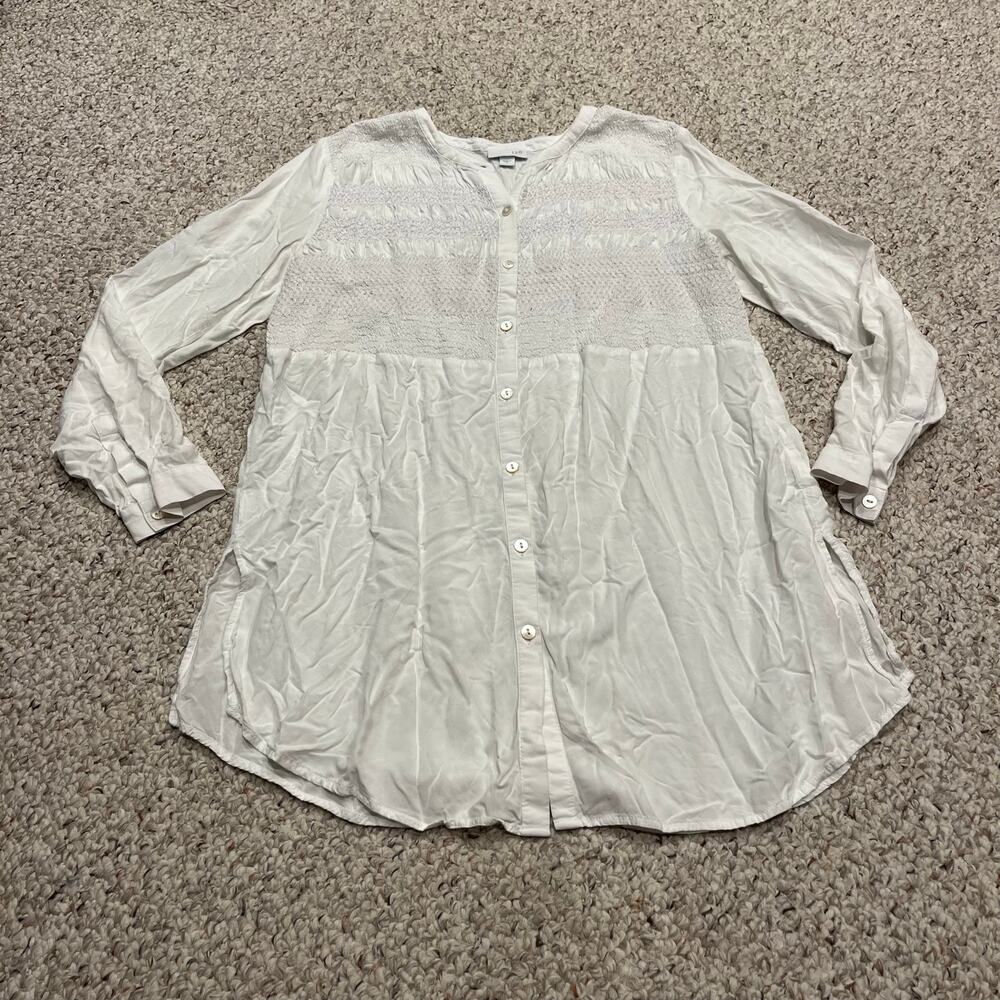 J Jill Smocked Button Front Long Sleeve Tunic Blouse M White Classic Casual